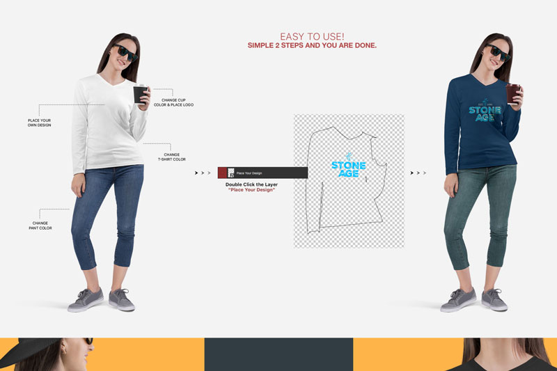 Women's V Neck Long Sleeve Shirt Mockup Set 2 Women2527s V Neck Long Sleeve Shirt Mockup Set 1