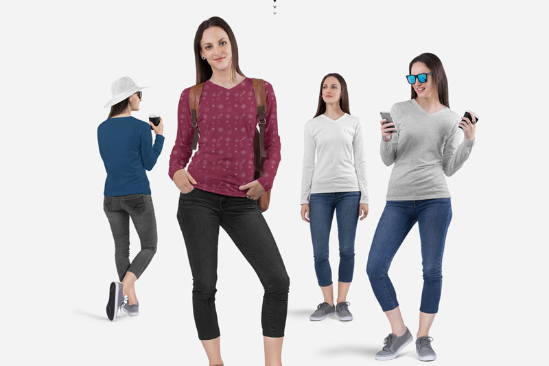 Women's V Neck Long Sleeve Shirt Mockup Set 5 Women2527s V Neck Long Sleeve Shirt Mockup Set 4