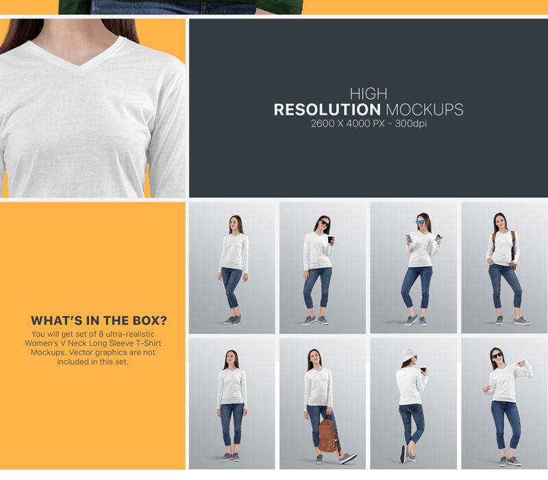 Women's V Neck Long Sleeve Shirt Mockup Set 7 Women2527s V Neck Long Sleeve Shirt Mockup Set 6