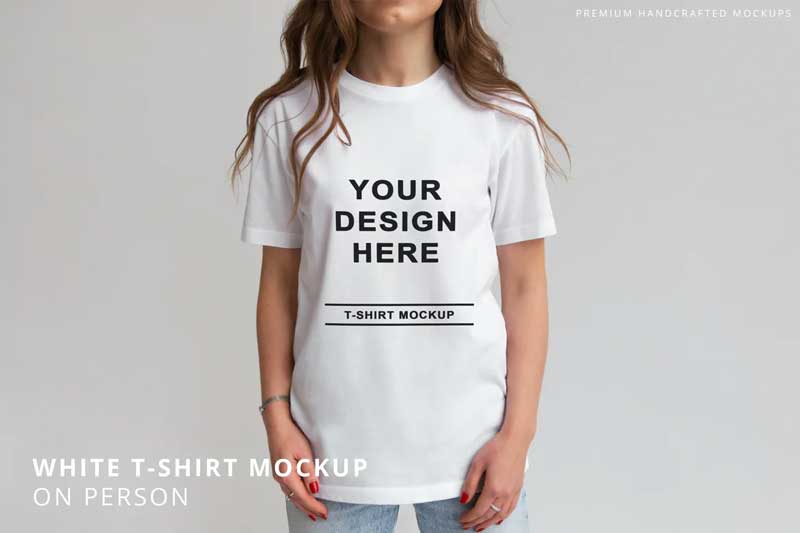 White T-Shirt on Person Mockup Grey Background