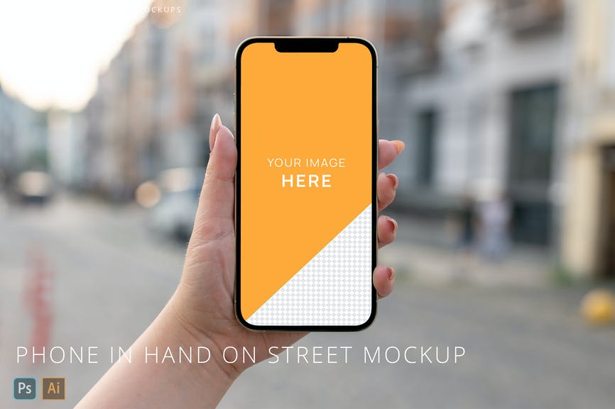 iPhone 12 Pro Max in Woman Hand on Street Mockup