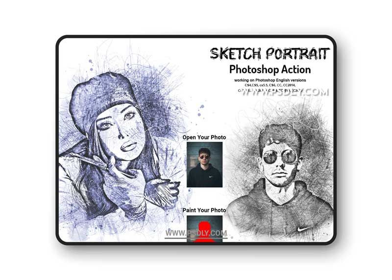 CreativeMarket - Sketch Portrait Photoshop Action V-2 6249832