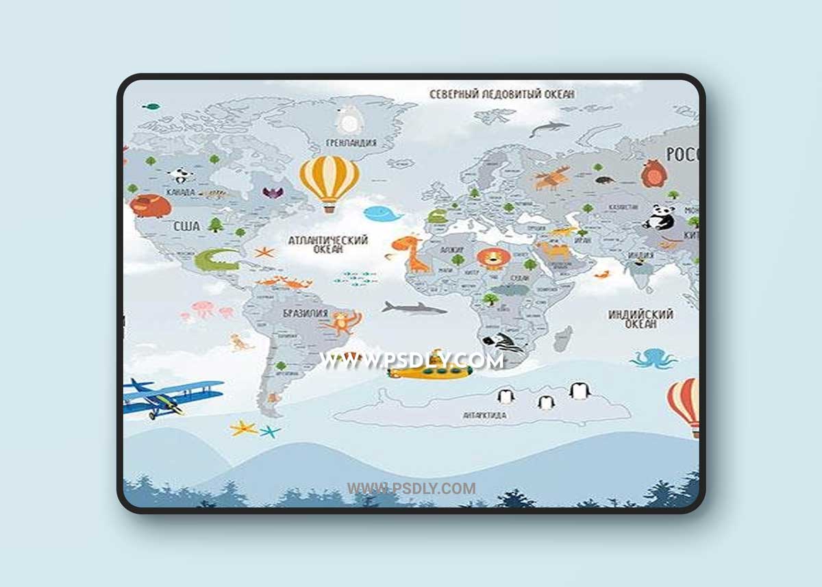 3D texture world map and flying transport balloons