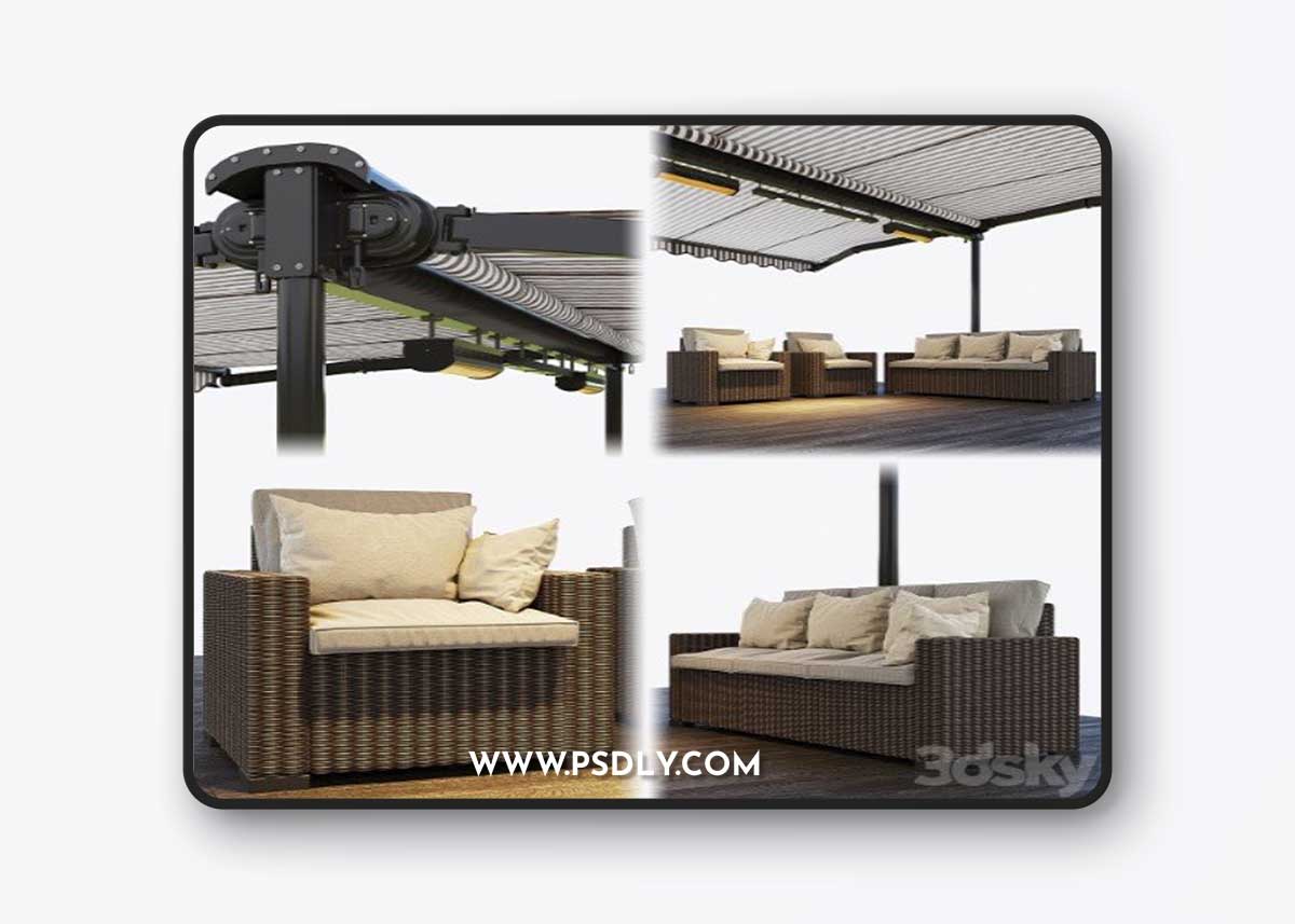 Double-sided cassette tent with rattan garden furniture