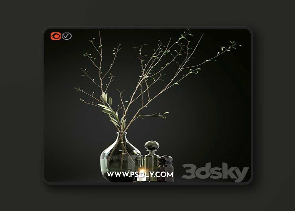 Decorative set with branches and glass bottles