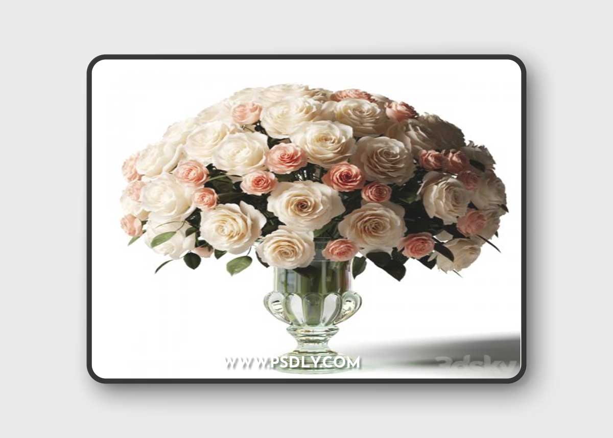 Bouquet of white and pink roses in a glass classic vase