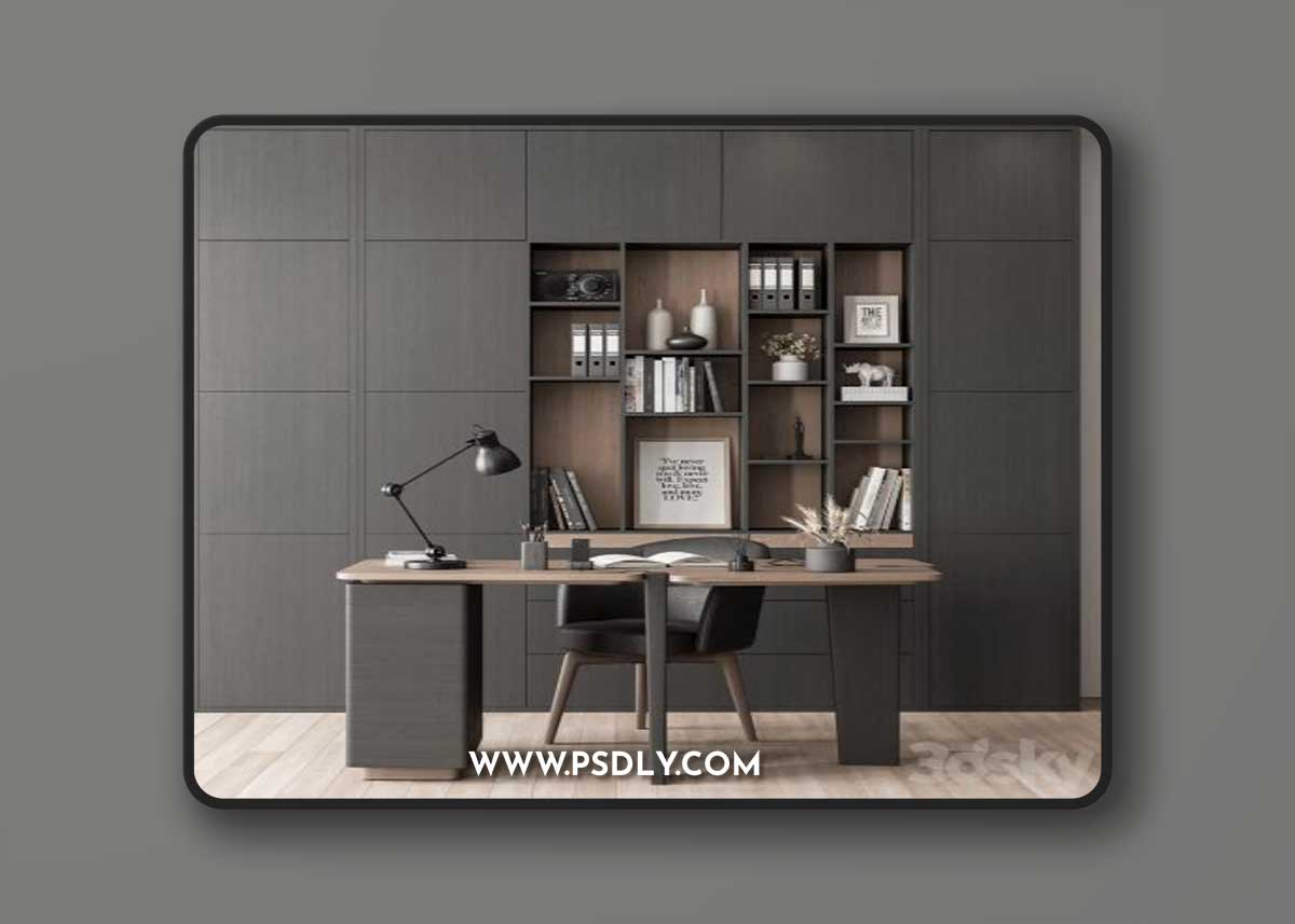 Home Office Desk and Library Gray Set - Office Furniture 286
