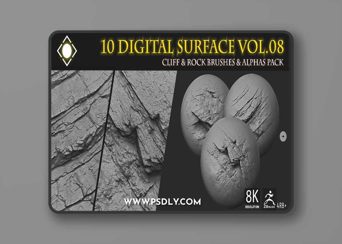 Artstation – 10 Digital Surface Rock & Cliff Brushes & Alphas Vol.08 - ZBrush/Blender/Mudbox/3dcoat