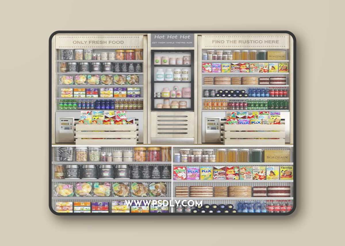 Grocery showcase in a supermarket in ethnic style with drinks and groceries