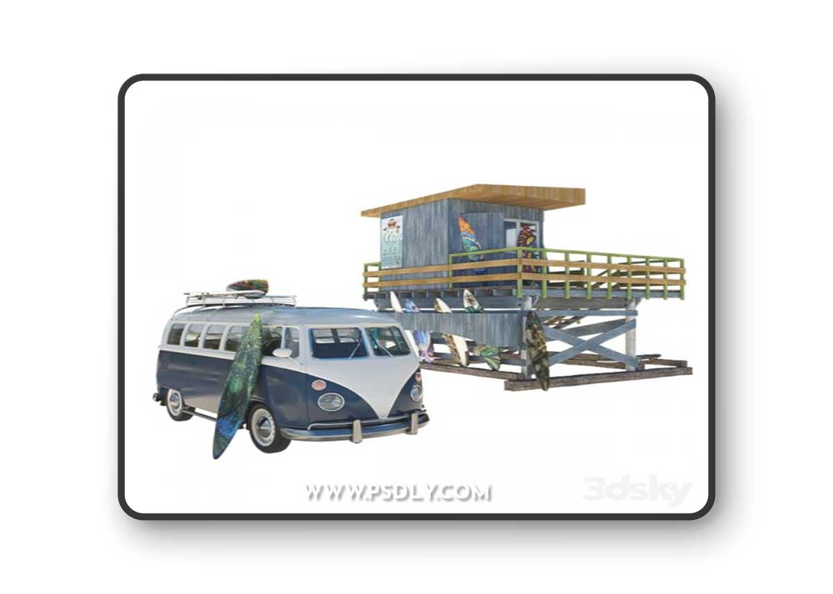 MSurfing school with volkswagen t1 3D Model